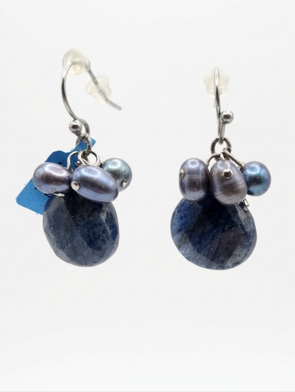 Blue Gemstone and Gray Blue Pearl Drop Earrings